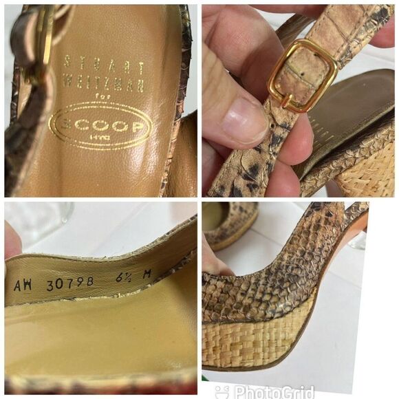 Stuart Weitzman for Scoop Snake Platform Heels Sandals Jute Straw Peep Toe Ankle - Picture 10 of 12